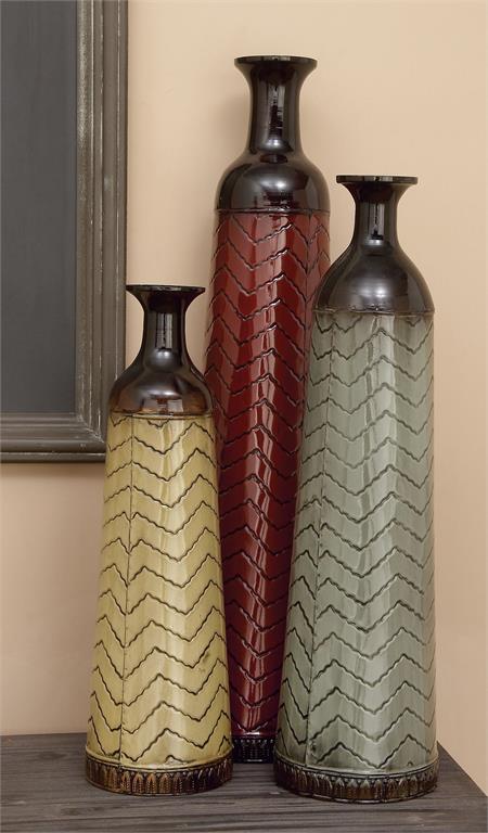 MULTI COLORED METAL TALL ENAMELED BOTTLENECK FLOOR VASE WITH CHEVRON PATTERN