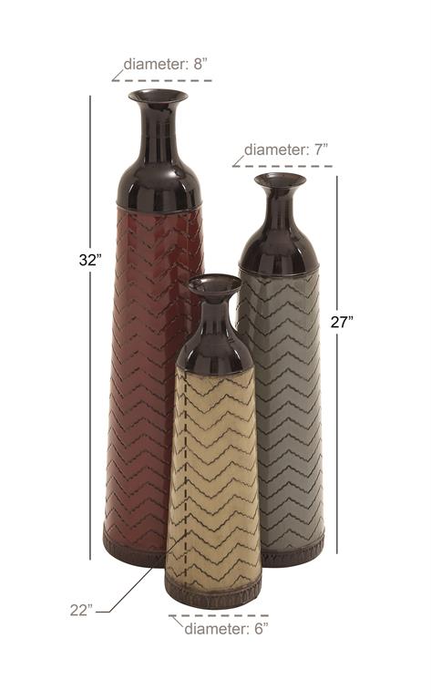 MULTI COLORED METAL TALL ENAMELED BOTTLENECK FLOOR VASE WITH CHEVRON PATTERN