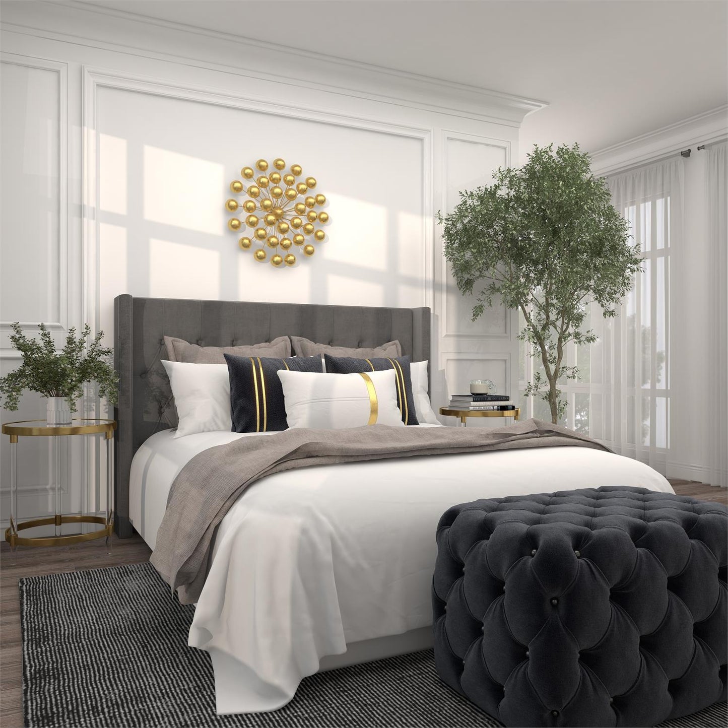 GOLD METAL STARBURST WALL DECOR WITH ORB DETAILING,