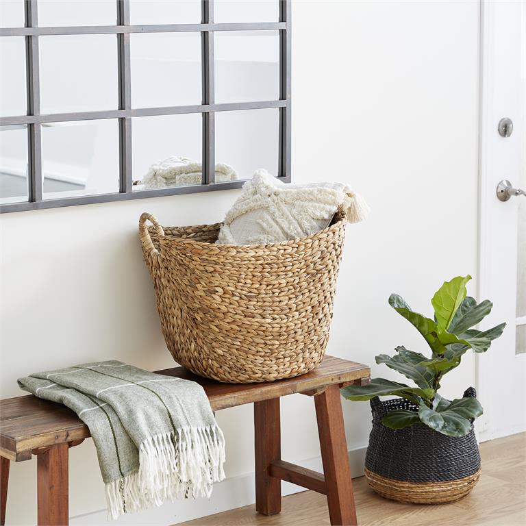 BROWN SEAGRASS HANDMADE LARGE WOVEN STORAGE BASKET WITH RING HANDLES