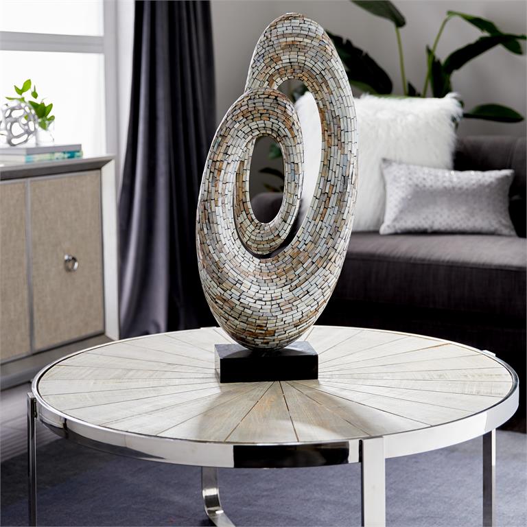 GRAY MOTHER OF PEARL ABSTRACT SWIRL SCULPTURE WITH BLACK BASE
