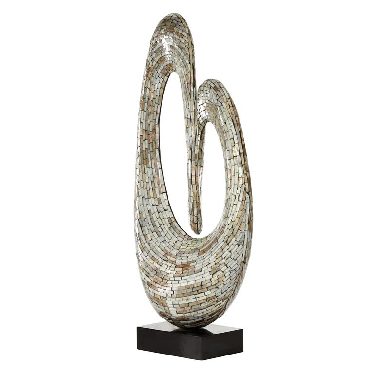 GRAY MOTHER OF PEARL ABSTRACT SWIRL SCULPTURE WITH BLACK BASE