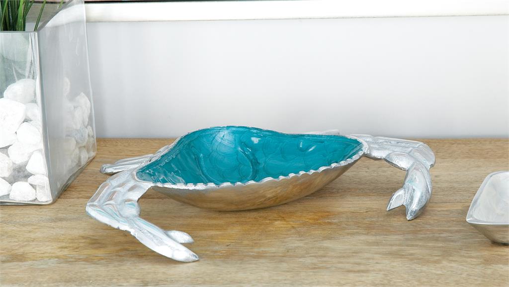 SILVER ALUMINUM CRAB SERVING BOWL WITH ENAMEL INTERIOR