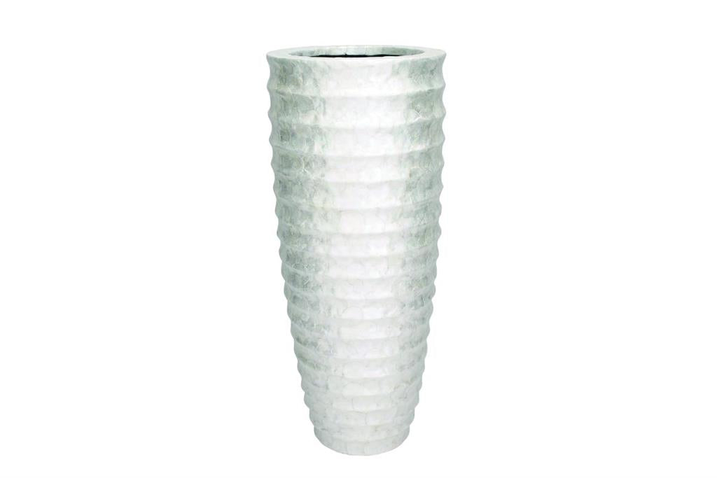 WHITE CAPIZ SHELL TALL FLOOR VASE WITH RIPPLE DESIGN