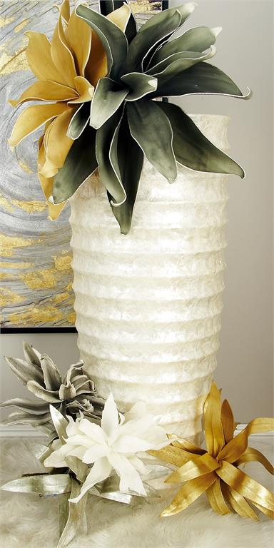 WHITE CAPIZ SHELL TALL FLOOR VASE WITH RIPPLE DESIGN
