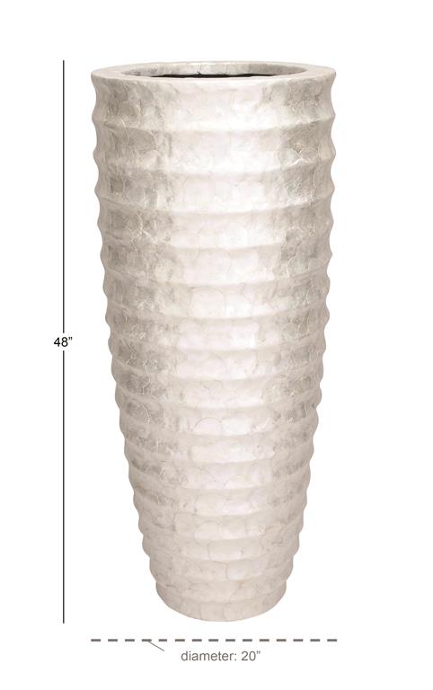 WHITE CAPIZ SHELL TALL FLOOR VASE WITH RIPPLE DESIGN