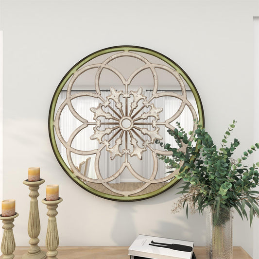 WHITE WOOD FLORAL MEDALLION WALL MIRROR
