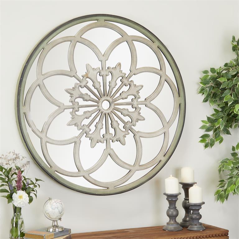 WHITE WOOD FLORAL MEDALLION WALL MIRROR