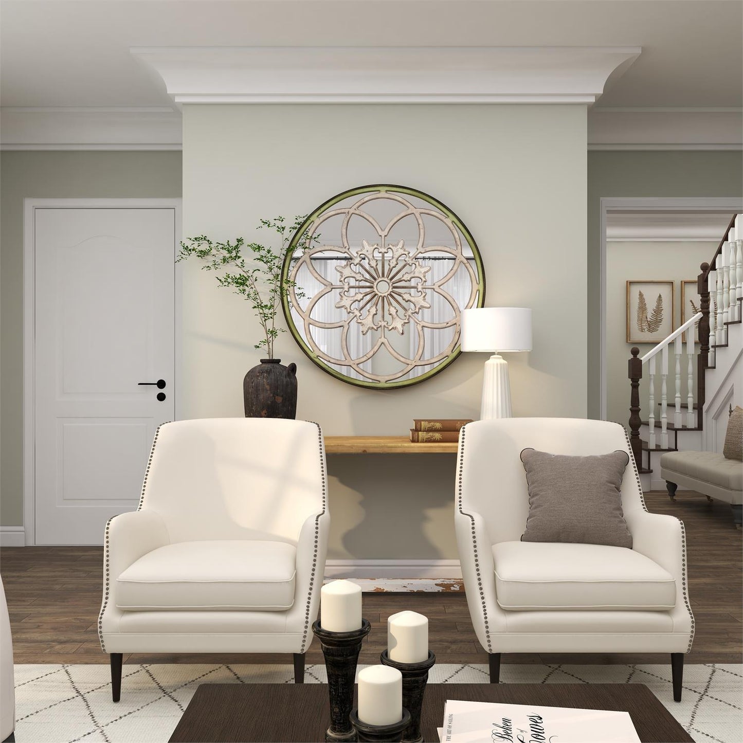 WHITE WOOD FLORAL MEDALLION WALL MIRROR