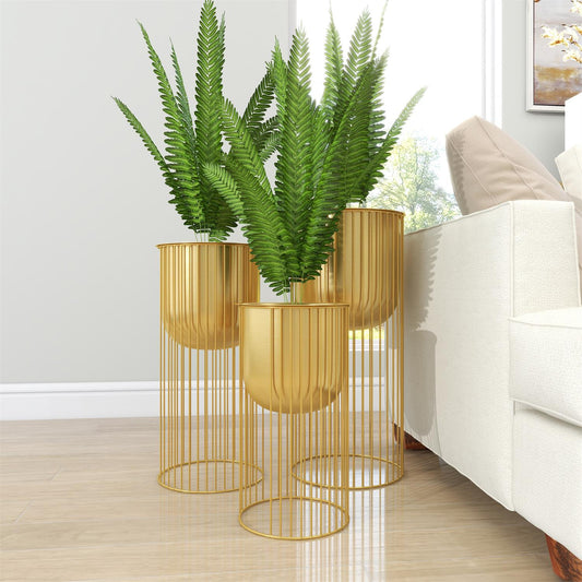 GOLD METAL DEEP RECESSED DOME PLANTER WITH ELEVATED CAGED STAND