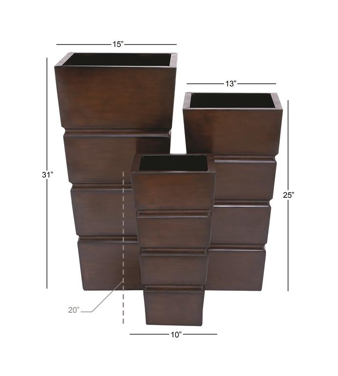BROWN METAL INDOOR OUTDOOR LIGHT WEIGHT PLANTER WITH TAPERED BASE AND FLUTED DESIGN