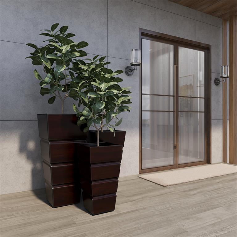 BROWN METAL INDOOR OUTDOOR LIGHT WEIGHT PLANTER WITH TAPERED BASE AND FLUTED DESIGN