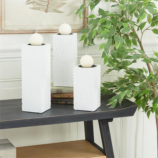 COSMOPOLITAN WHITE WOOD GEOMETRIC CARVED PILLAR CANDLE HOLDER, SET OF 3