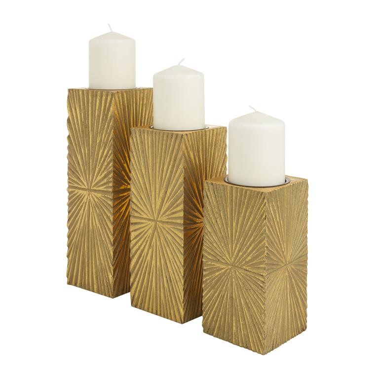 COSMOPOLITAN GOLD WOOD GEOMETRIC CARVED PILLAR CANDLE HOLDER, SET OF 3