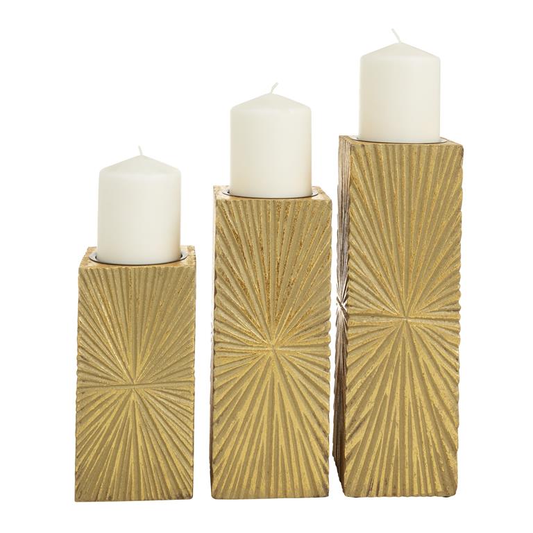 COSMOPOLITAN GOLD WOOD GEOMETRIC CARVED PILLAR CANDLE HOLDER, SET OF 3