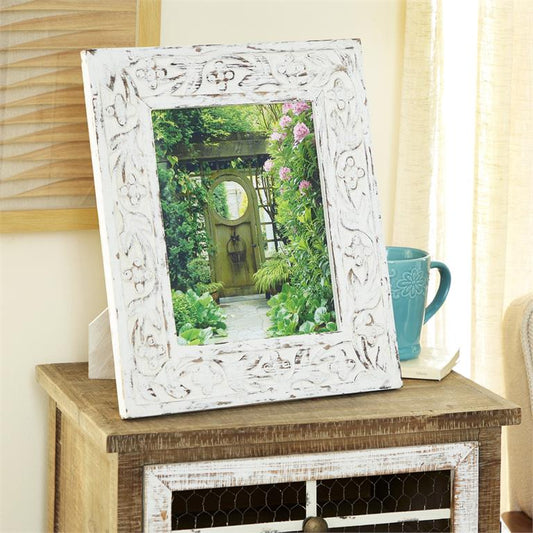 WHITE MANGO WOOD FLORAL HANDMADE INTRICATE CARVED PHOTO FRAME