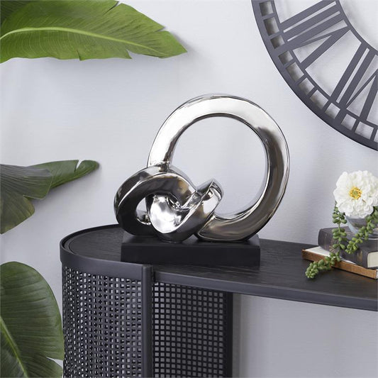 SILVER PORCELAIN ABSTRACT LINK SCULPTURE WITH BLACK BASE