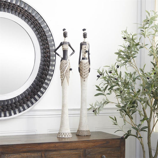 WHITE POLYSTONE WOMAN STANDING AFRICAN SCULPTURE WITH INTRICATE DETAILS 1 PIECE