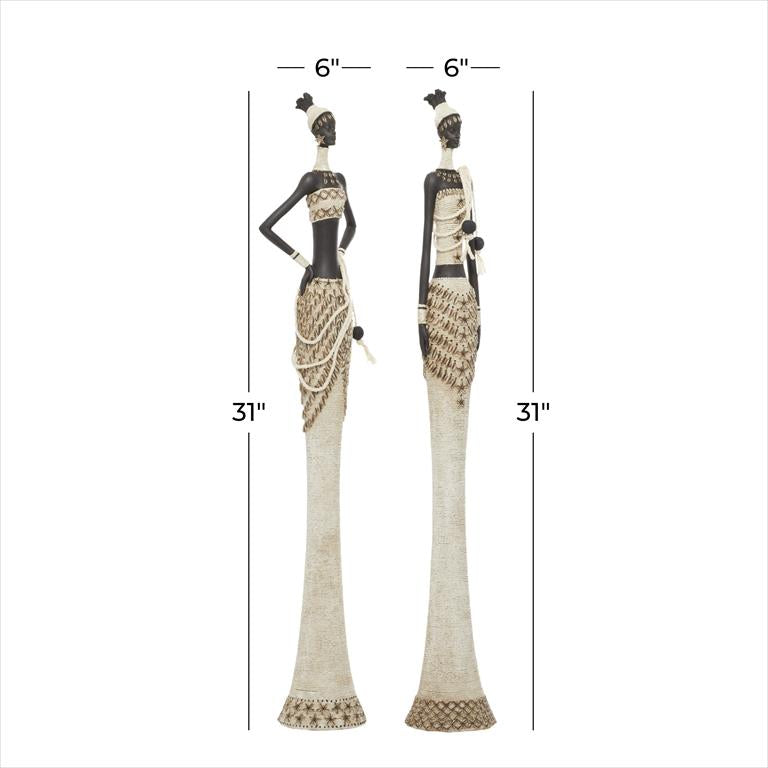 WHITE POLYSTONE WOMAN STANDING AFRICAN SCULPTURE WITH INTRICATE DETAILS 1 PIECE