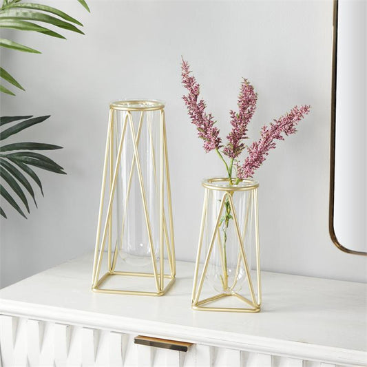 COSMOLIVING BY COSMOPOLITAN GOLD GLASS TUBE VASE WITH METAL STAND