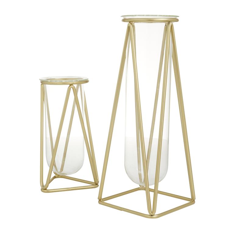 COSMOLIVING BY COSMOPOLITAN GOLD GLASS TUBE VASE WITH METAL STAND