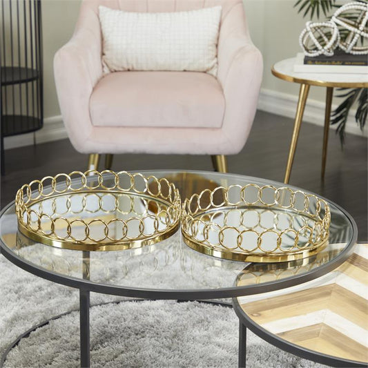 GOLD STAINLESS STEEL MIRRORED TRAY WITH CIRCLE PATTERNED SIDES