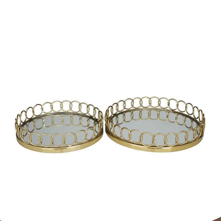 GOLD STAINLESS STEEL MIRRORED TRAY WITH CIRCLE PATTERNED SIDES