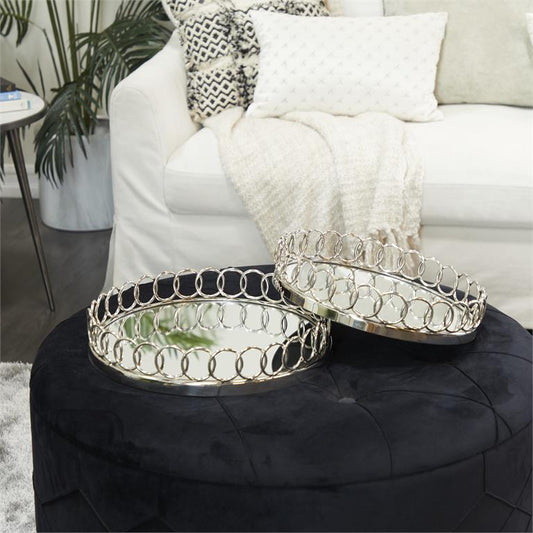SILVER STAINLESS STEEL MIRRORED TRAY WITH CIRCLE PATTERNED SIDES