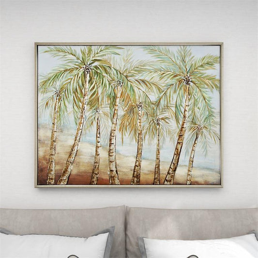 GREEN CANVAS TREE HANDMADE PALM FRAMED WALL ART WITH SILVER FRAME