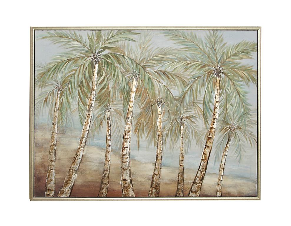 GREEN CANVAS TREE HANDMADE PALM FRAMED WALL ART WITH SILVER FRAME