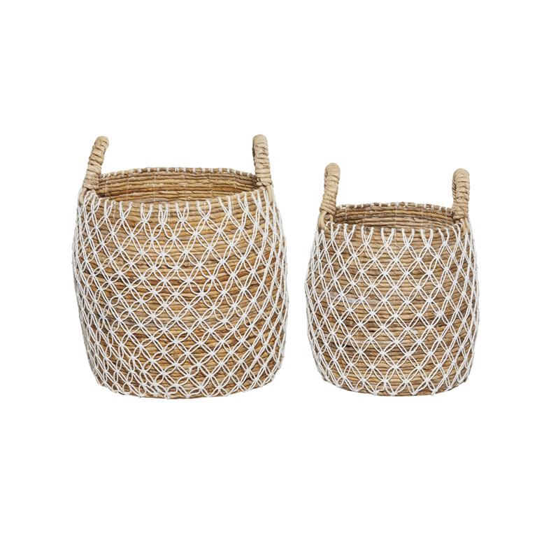 BROWN BANANA LEAF HANDMADE STRING DETAIL STORAGE BASKET WITH HANDLES