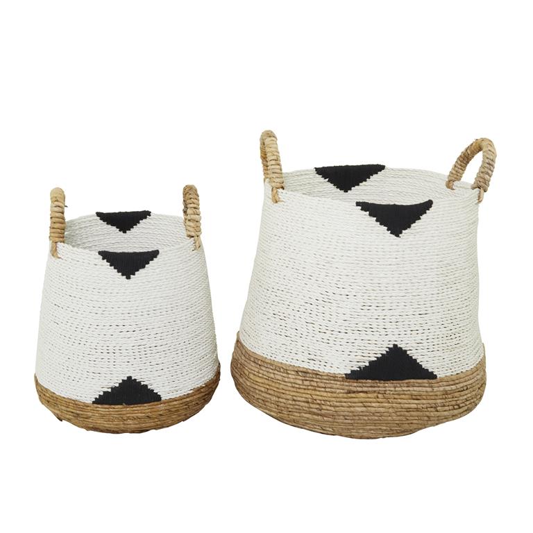 COSMOPOLITAN WHITE BANANA LEAF HANDMADE TRIANGLE DETAILS STORAGE BASKET WITH HANDLES