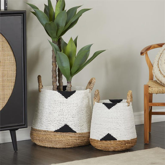 COSMOPOLITAN WHITE BANANA LEAF HANDMADE TRIANGLE DETAILS STORAGE BASKET WITH HANDLES