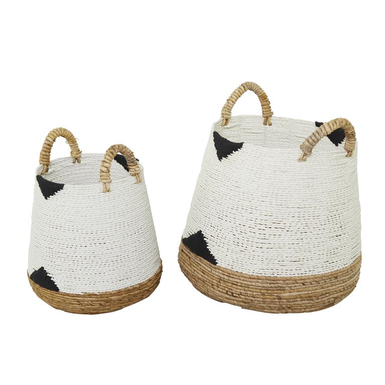 COSMOPOLITAN WHITE BANANA LEAF HANDMADE TRIANGLE DETAILS STORAGE BASKET WITH HANDLES