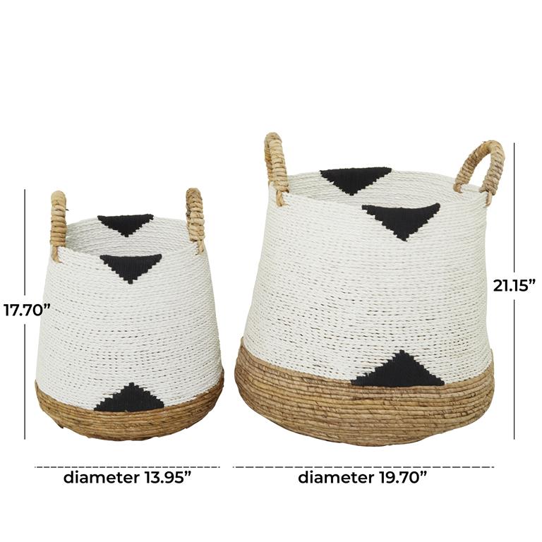 COSMOPOLITAN WHITE BANANA LEAF HANDMADE TRIANGLE DETAILS STORAGE BASKET WITH HANDLES