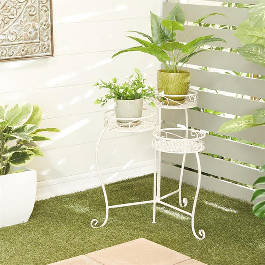 WHITE METAL SCROLL INDOOR OUTDOOR 3 TIER PLANTSTAND