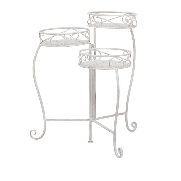 WHITE METAL SCROLL INDOOR OUTDOOR 3 TIER PLANTSTAND