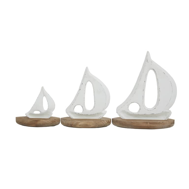 WHITE WOOD SAIL BOAT SCULPTURE WITH WOOD BASE,