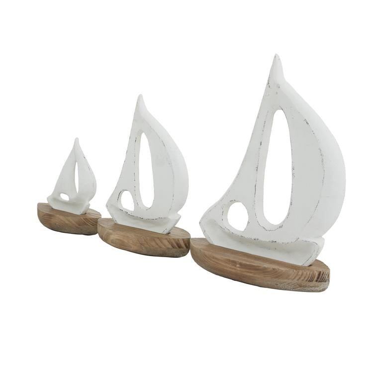 WHITE WOOD SAIL BOAT SCULPTURE WITH WOOD BASE,