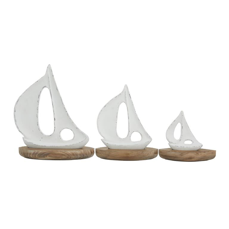 WHITE WOOD SAIL BOAT SCULPTURE WITH WOOD BASE,