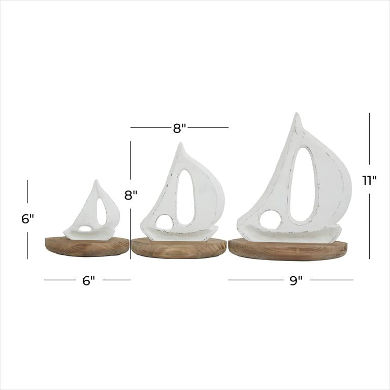 WHITE WOOD SAIL BOAT SCULPTURE WITH WOOD BASE,