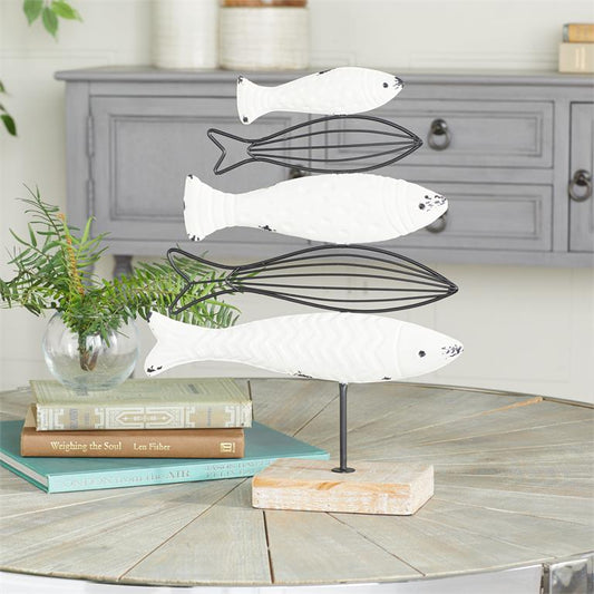 WHITE WOOD FISH SCULPTURE