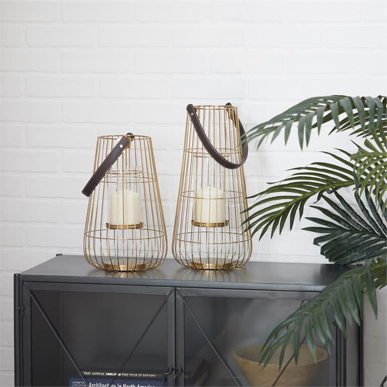 GOLD METAL PILLAR CANDLE LANTERN WITH LEATHER STRAPS