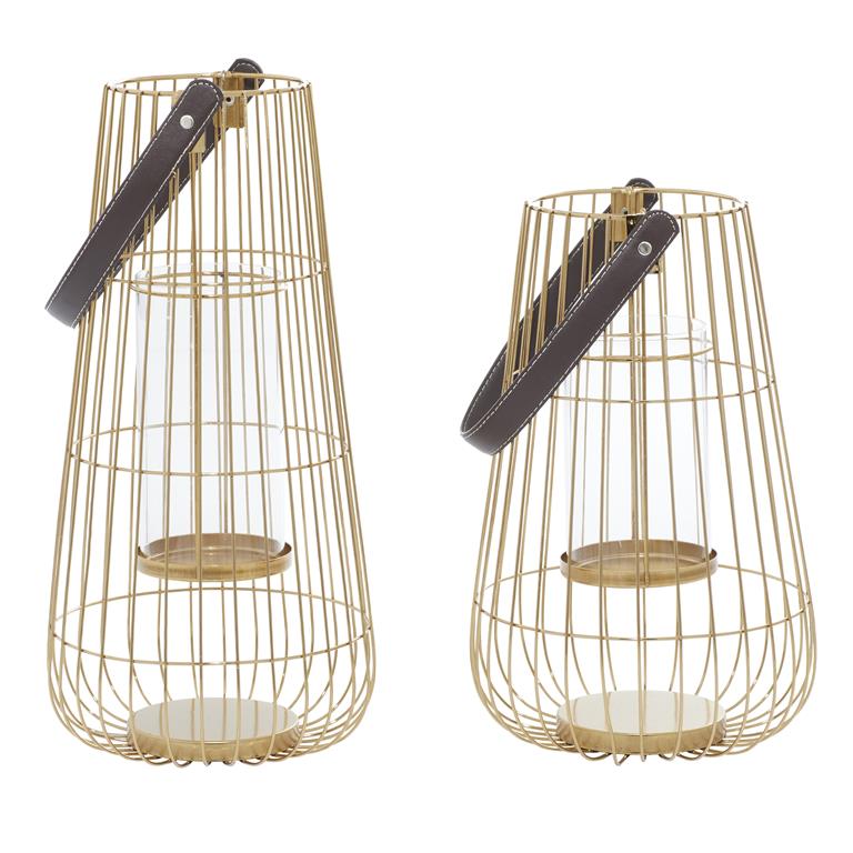 GOLD METAL PILLAR CANDLE LANTERN WITH LEATHER STRAPS