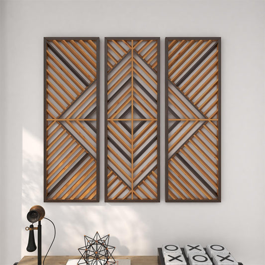 BROWN WOOD GEOMETRIC SLATTED WOOD DESIGN WALL DECOR, SET OF 3