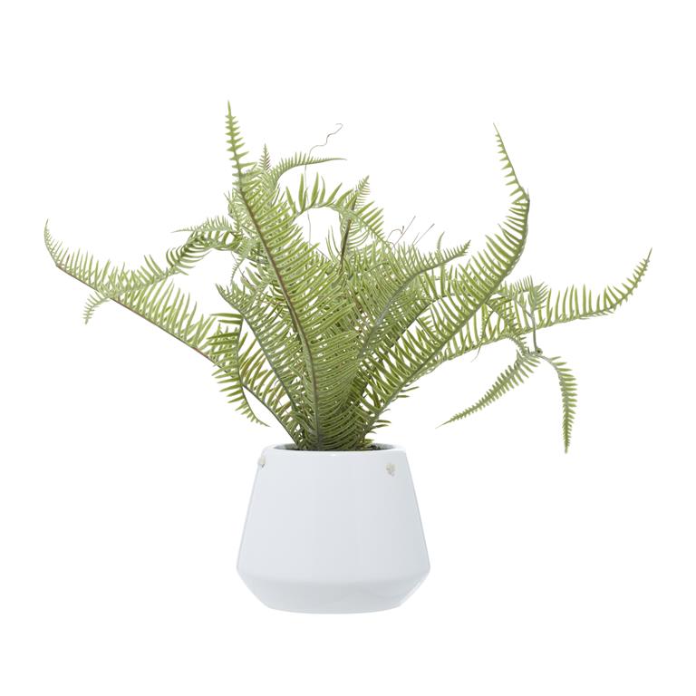 GREEN FAUX FOLIAGE FERN ARTIFICIAL PLANT WITH WHITE CERAMIC POT