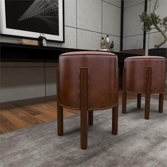 BROWN TEAK WOOD HANDMADE UPHOLSTERED LEATHER STOOL WITH WOOD LEGS