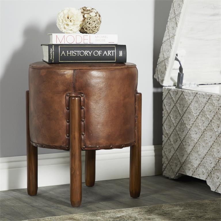 BROWN TEAK WOOD HANDMADE UPHOLSTERED LEATHER STOOL WITH WOOD LEGS