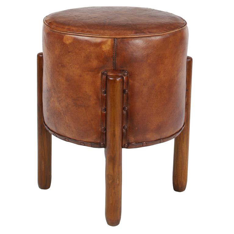 BROWN TEAK WOOD HANDMADE UPHOLSTERED LEATHER STOOL WITH WOOD LEGS