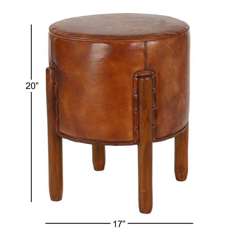 BROWN TEAK WOOD HANDMADE UPHOLSTERED LEATHER STOOL WITH WOOD LEGS